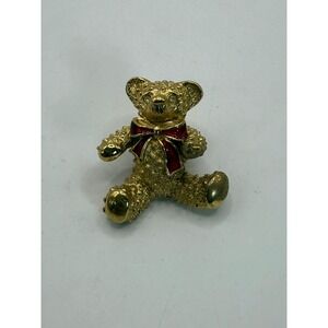 Vintage Gold Tone Teddy Bear Brooch with Red Enamel Bow